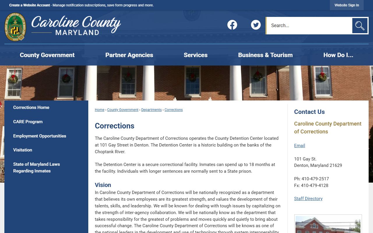 Caroline County Corrections page for inmate population and detention center information