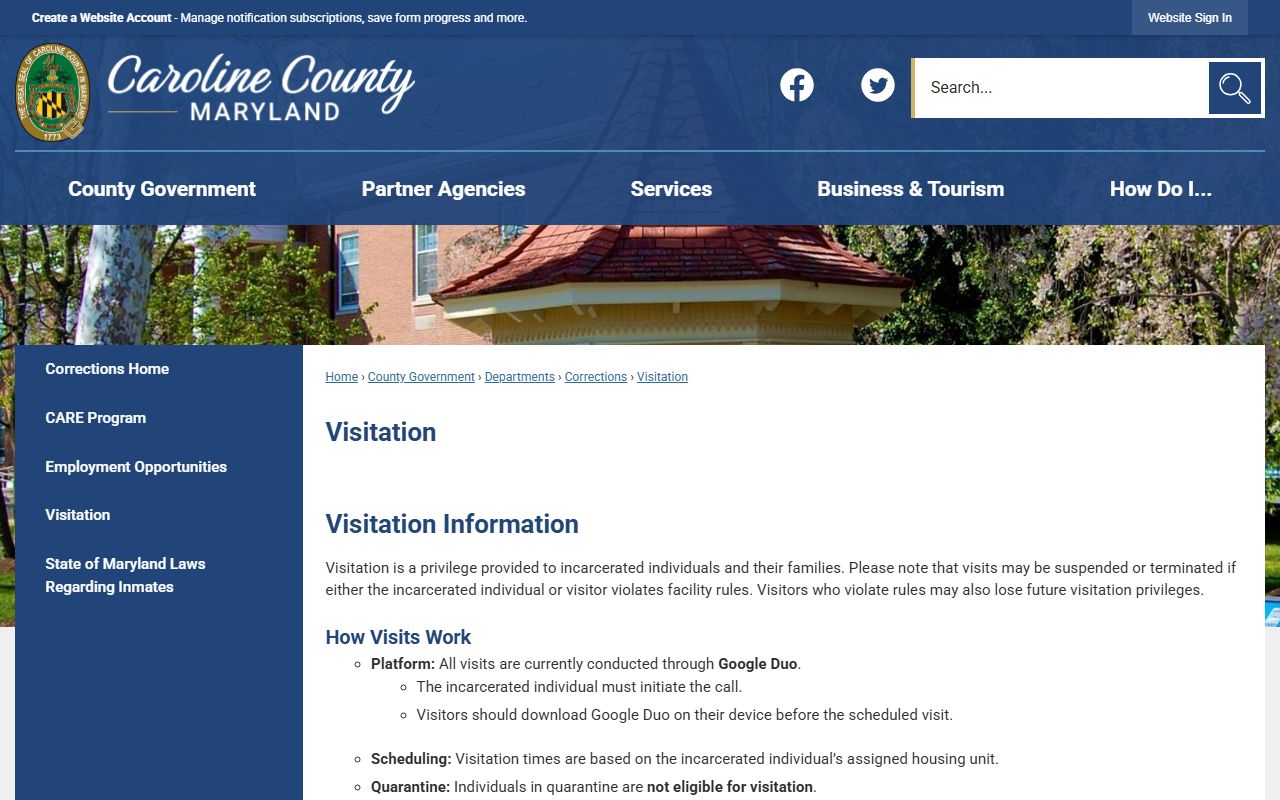 Caroline County Detention Center visitation schedule by housing unit