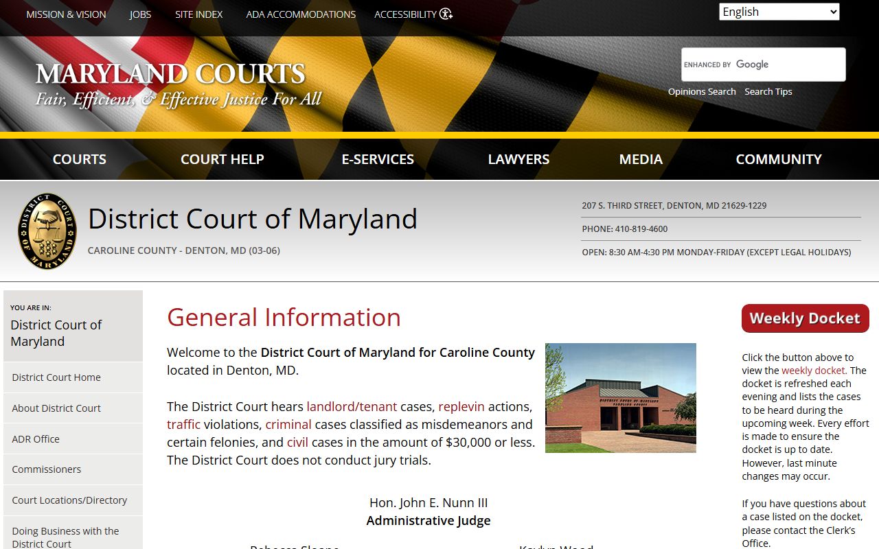 Maryland Judiciary District Court for Caroline County directory page